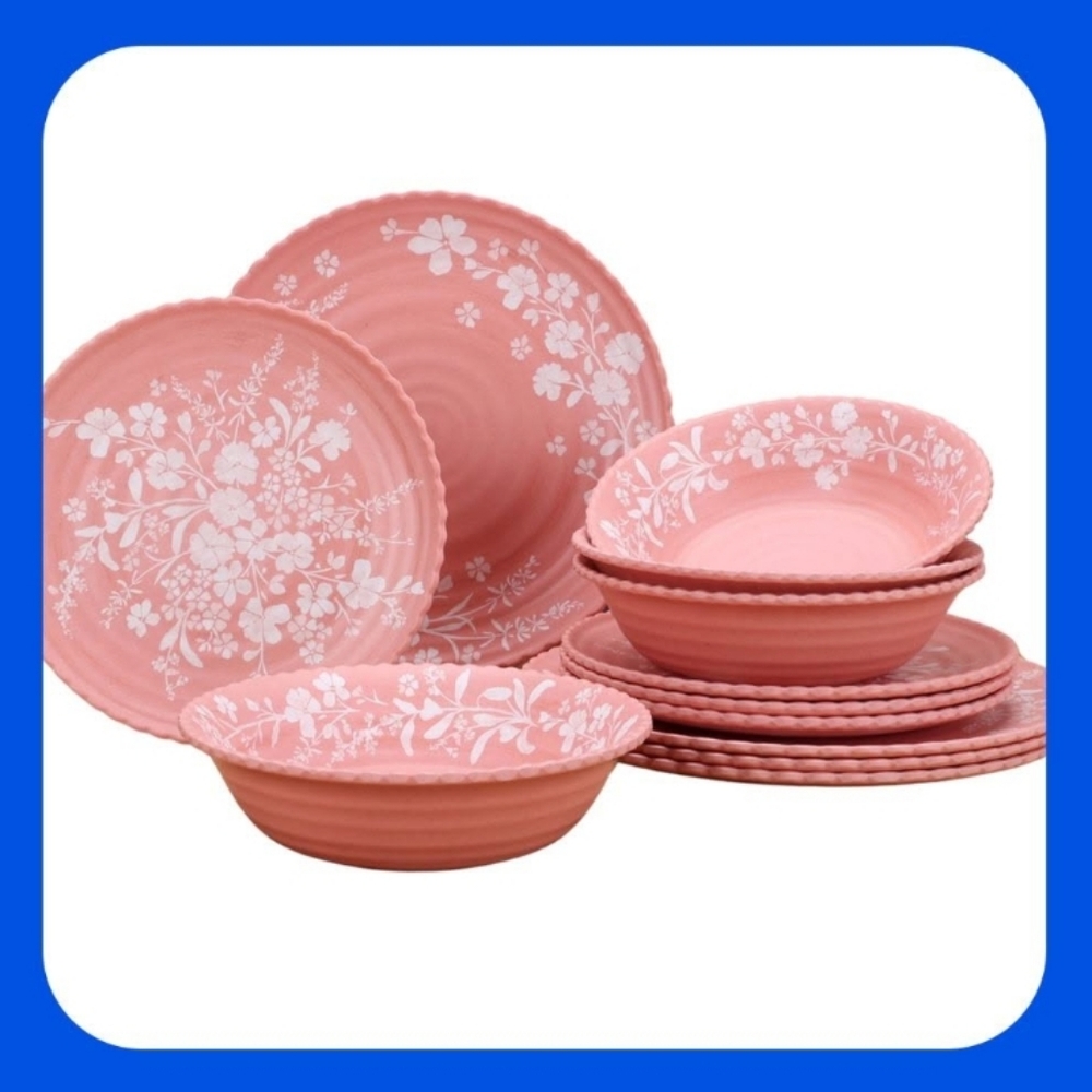 💕 New Pioneer Woman Pink Daisy Bamboo Melamine 12-Piece Dinnerware Set